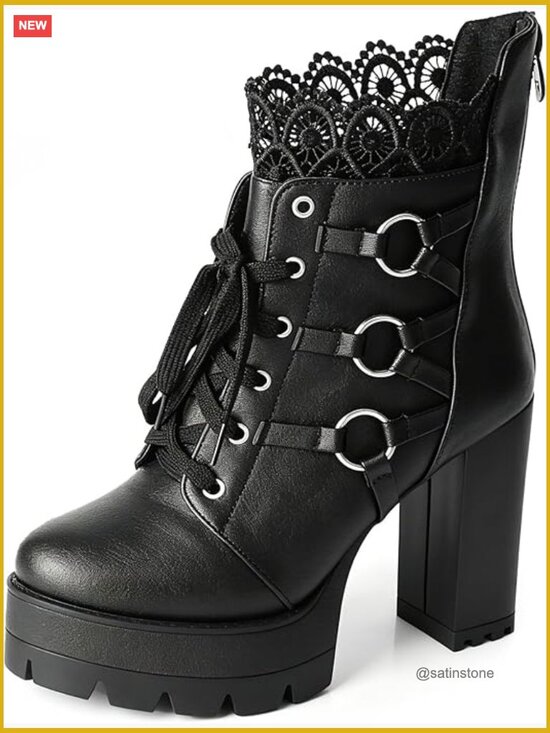 Shoes - Chunky Heel Lace Up Ankle Boots with Zipper Round Toe Goth Punk Platform Booties